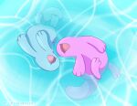  3_fingers 3_toes ambiguous_gender blue_body blue_skin dot_eyes feet feral fingers flashquatsch generation_2_pokemon lying nintendo on_back open_mouth partially_submerged pink_body pink_skin pokemon pokemon_(species) quagsire shiny_pokemon swimming toes water 