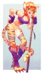  1girl animal_ears breasts breath_of_fire breath_of_fire_ii bustier cat_ears cleavage facial_mark full_body gloves green_eyes highres holding holding_stick holding_weapon looking_at_viewer navel open_mouth orange_hair pointy_ears rinpoo_chuan short_hair smile solo stick tail tiger_stripes tiger_tail weapon yuza 