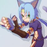  1girl animal_ears blue_hair cat_ears cat_tail collar fingerless_gloves gloves green_eyes highres kaien_advance long_hair looking_at_viewer low_twintails meracle_chamlotte navel open_mouth simple_background smile solo star_ocean star_ocean_the_last_hope tail thighhighs twintails 