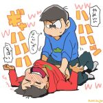  2boys assisted_exposure blush brothers brown_hair hood hoodie laughing looking_at_another male_focus matsuno_karamatsu matsuno_osomatsu multiple_boys open_mouth osomatsu-kun osomatsu-san siblings simple_background sleeves_rolled_up smile straddling tickle_torture tickling white_background yai_(hachihito) 