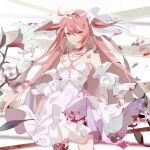  1girl absurdres ahoge copyright_request detached_sleeves dress highres long_hair looking_at_viewer miermere pink_eyes pink_hair solo two_side_up very_long_hair white_dress white_sleeves 