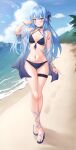  1girl absurdres bare_shoulders beach bikini black_bikini black_choker blue_eyes blue_hair blue_nails blush bracelet breasts choker cloud collarbone day footprints full_body groin hair_bun hand_up highres hololive hoshimachi_suisei jewelry long_hair looking_at_viewer nail_polish navel off_shoulder outdoors parted_lips sand sandals shinigami_kiraki shirt solo star_(symbol) star_in_eye stomach swimsuit symbol_in_eye thigh_strap thighs toenail_polish toenails virtual_youtuber 