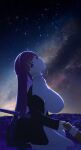  1girl absurdres alternate_breast_size blunt_bangs breasts closed_mouth commentary covered_nipples dress fern_(sousou_no_frieren) from_side highres huge_breasts long_hair long_sleeves looking_at_viewer looking_to_the_side night night_sky outdoors purple_eyes purple_hair serelith shaft_look sitting sky solo sousou_no_frieren star_(sky) starry_sky white_dress 