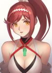  1girl a_(user_vtsy8742) bare_shoulders blush breasts chest_jewel cleavage core_crystal_(xenoblade) criss-cross_halter glimmer_(xenoblade) hairband halterneck high_ponytail highres long_hair looking_to_the_side medium_breasts orange_eyes parted_lips red_hair solo swept_bangs two-tone_hairband upper_body white_background xenoblade_chronicles_(series) xenoblade_chronicles_3 xenoblade_chronicles_3:_future_redeemed 