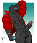 anthro balls black_body black_scales bodily_fluids clothed clothing dripping epic_games erection fortnite genital_fluids genitals hi_res male nipples nude penis precum precum_drip red_sclera scales scalie simple_background solo thunder_(fortnite) tongue yukein 
