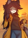  anthro beverage black_hair blush clothing coat coffee enfield female fluffy fluffy_tail fur hair hi_res hioshiru_(character) lilkon mammal open_mouth smile solo standing sunset tail topwear 