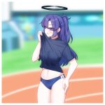  1girl absurdres black_shirt blue_archive blue_buruma blurry blurry_background buruma clothes_lift halo hand_on_own_hip highres jonasmk mechanical_halo midriff navel official_alternate_costume open_mouth ponytail purple_eyes purple_hair shirt shirt_lift track_and_field yuuka_(blue_archive) yuuka_(gym_uniform)_(blue_archive) 