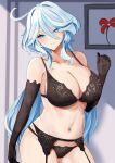  1girl absurdres alternate_breast_size bare_shoulders black_bra black_gloves black_panties blue_eyes blue_hair blush bra breasts cleavage collarbone cowlick elbow_gloves furina_(genshin_impact) garter_belt genshin_impact gloves highres large_breasts light_blue_hair long_hair looking_at_viewer multicolored_hair navel panties smile solo streaked_hair swept_bangs tian_kazuki underwear white_hair 