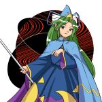  1girl blue_cape blue_dress blue_headwear blue_ribbon cape chain cowboy_shot crescent_print dress green_eyes green_hair hat hat_ribbon high_collar holding kaigen_1025 long_hair long_sleeves looking_at_viewer mima_(touhou) parted_bangs pointy_ears ribbon solo standing sun_print touhou touhou_(pc-98) wide_sleeves wizard_hat 