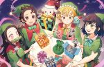  1girl 3boys absurdres agatsuma_zenitsu bamboo bit_gag black_hair blonde_hair blue_hair blue_ribbon bow bowtie breasts christmas earrings gag gift green_bow green_headwear green_shirt hair_ornament hashibira_inosuke highres jewelry kamado_nezuko kamado_tanjirou kimetsu_no_yaiba long_hair long_sleeves looking_at_viewer medium_breasts mouse multiple_boys open_mouth pink_eyes red_eyes ribbon sack shimya shirt short_hair solo yellow_ribbon 