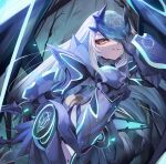  1girl armor armored_dress blue_armor blue_dress blue_thighhighs breastplate breasts dress fairy_knight_lancelot_(fate) fairy_knight_lancelot_(first_ascension)_(fate) fate/grand_order fate_(series) faulds forked_eyebrows highres long_hair looking_at_viewer m0_chi mask pauldrons short_dress shoulder_armor sidelocks small_breasts solo thighhighs thighs white_hair yellow_eyes 
