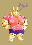  anthro asgore_dreemurr beard belly blonde_hair bovid caprine clothed clothing dialogue english_text facial_hair fur goat hair hairy_arms hi_res horn male mammal moobs nipple_outline prestidigitaena solo speech_bubble text undertale_(series) white_body white_fur 