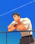  1boy airplane_trail bara blue_sky collared_shirt facial_hair feet_out_of_frame from_below head_tilt highres long_sideburns looking_ahead male_focus original shirt shirt_tucked_in short_hair sideburns sky solo stubble thick_eyebrows youchi123 