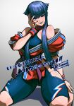  1girl absurdres ap_cammy blue_eyes blue_hair dougi hand_on_own_face highres hime_cut hip_vent manon_legrand martial_arts_belt off_shoulder official_alternate_costume official_alternate_hair_color short_hair_with_long_locks sidelocks solo spandex street_fighter street_fighter_6 wristband 