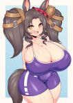  +_+ 1girl :d animal_ears arms_behind_back blush breasts brown_hair cleavage cowboy_shot drill_hair fang highres horse_ears horse_girl horse_tail huge_breasts marvelous_sunday_(umamusume) orange_eyes plump saddle_hair_ornament shortstack side_drill skin_fang smile solo tail tailzkim thick_thighs thighs tracen_swimsuit twintails umamusume wide_hips 