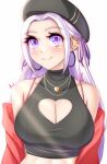  1girl anisdrawn artist_name black_headwear black_tank_top blush breasts cleavage cleavage_cutout clothing_cutout commentary earrings edelgard_von_hresvelg eyelashes fire_emblem fire_emblem:_three_houses glint hat heart heart_necklace highres hoop_earrings jewelry large_breasts long_hair necklace purple_eyes simple_background smile solo tank_top upper_body white_background white_hair 