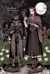  2girls 4boys arizuka_(catacombe) arms_up ascot belt belt_buckle black_gloves black_sky bloodborne bonnet brown_cloak buckle bush character_request cloak closed_eyes coat doll doll_joints flower gloves grey_hair hat height_difference highres hood hunter_(bloodborne) joints mask moon mouth_mask multiple_boys multiple_girls night night_sky one_eye_closed plain_doll red_ascot scarf sky smile squid standing swept_bangs top_hat tree tricorne 