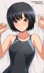  1girl absurdres amagami artist_name bed_sheet black_hair black_one-piece_swimsuit blue_one-piece_swimsuit blush breasts brown_eyes closed_mouth collarbone commentary competition_swimsuit curled_fingers dated hands_up highres light_blush light_smile looking_at_viewer lying mitojyaneeeeyo nanasaki_ai on_back one-piece_swimsuit raised_eyebrows short_hair small_breasts smile solo swimsuit twitter_username two-tone_swimsuit upper_body w_arms white_background 