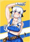  1girl animal_ears arm_up armpits bell belt blue_background blue_eyes blue_overalls blush border braid braided_ponytail breasts brown_belt brown_horns cleavage commentary cow_ears cow_girl cow_horns cow_tail cowboy_shot english_commentary gloves grin hair_over_shoulder highres horns jingle_bell large_breasts long_hair looking_at_viewer medium_bangs multicolored_background nandi_(puchirisu) neck_bell ok_sign original outline overalls pouch puchirisu smile solo tail tank_top white_border white_gloves white_hair white_outline white_tank_top yellow_background 