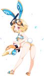  1girl animal_ears ass bikini blonde_hair bright_pupils disgaea disgaea_rpg full_body goggles goggles_on_head highres holding holding_water_gun non-web_source official_art open_mouth photoshop_(medium) rabbit_ears rabbit_tail red_eyes sandals short_eyebrows short_hair snorkel solo standing swimsuit tail thick_eyebrows transparent_background usalia_(disgaea) water_gun 