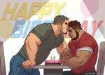  2boys arm_hair bara beard belly biceps birthday blue_pants blush brown_hair cake candle chair closed_eyes couple dark-skinned_male dark_skin denim facial_hair feet_out_of_frame food from_side gangdong green_shirt grey_hair happy_birthday interlocked_fingers jeans kiss kissing_forehead large_pectorals male_focus mature_male multiple_boys muscular muscular_male original own_hands_clasped own_hands_together palms_together pants parted_lips party pectorals plump profile red_shirt shirt short_hair short_sleeves sitting smoke_trail table thick_eyebrows underpec upper_body yaoi 