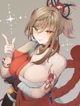  1girl :p absurdres arm_tattoo bandages blonde_hair breasts chahanam chest_sarashi chest_tattoo choker cleavage commentary_request genshin_impact grey_background hair_between_eyes hand_up highres index_finger_raised japanese_clothes kimono large_breasts long_hair looking_at_viewer orange_kimono ponytail red_choker sarashi short_sleeves simple_background single_bare_shoulder smile solo tattoo tongue tongue_out upper_body wrist_wrap yellow_eyes yoimiya_(genshin_impact) 