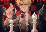  2boys aged_down bishop_(chess) blonde_hair blood blue_hair board_game chess chess_piece chessboard commentary_request dio_brando ear_birthmark hako_iix07 holding jacket jojo_no_kimyou_na_bouken jonathan_joestar knight_(chess) long_sleeves looking_at_another male_focus multiple_boys pawn_(chess) phantom_blood queen_(chess) red_eyes rook_(chess) shirt short_hair smile 