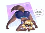  &lt;3 anthro ass_up big_butt blonde_hair blue_background blue_bottomwear blue_clothing blue_eyes blue_shorts blue_topwear blush blush_lines bottomwear breasts brown_body brown_fur butt clothing dialogue eyelashes female fur hair hi_res huge_butt jack-o&#039;_pose looking_at_viewer mammal markings pose procyonid purple_background raccoon raccoon_sama shorts simple_background solo speech_bubble striped_markings striped_tail stripes tail tail_markings talking_to_viewer text thick_thighs tongue tongue_out topwear white_background white_body white_fur wide_hips 