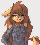  2023 anthro anthro_focus apogee_(tinygaypirate) breasts canid canine canis clothed clothing collar digital_media_(artwork) disembodied_hand domestic_dog duo female female_anthro female_focus floppy_ears fur hair hi_res kemono leash long_hair looking_at_viewer mammal piercing small_breasts solo_focus spitz tattoo tinygaypirate unimpressed 
