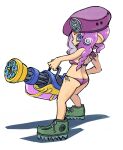  1girl ass beret bikini blue_eyes butt_crack from_side gatling_gun green_footwear gun hat highres holding holding_gun holding_weapon long_hair mini_splatling_(splatoon) minigun muramasa_mikado octoling octoling_girl open_mouth purple_bikini purple_hair purple_headwear shadow shoes side-tie_bikini_bottom simple_background solo splatoon_(series) splatoon_3 standing swimsuit teeth tentacle_hair weapon white_background 