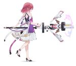  1girl absurdres asta_(honkai:_star_rail) backless_dress backless_outfit bare_shoulders black_footwear blue_eyes braid commentary_request dress full_body hair_ornament high_heels highres holding holding_weapon honkai:_star_rail honkai_(series) looking_at_viewer looking_to_the_side nami_(nyaa) profile red_hair shadow shoes short_sleeves simple_background solo standing weapon white_background white_dress 