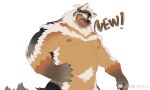  1boy animal_ear_fluff animal_ears bara big_belly black_fur boogbogex brown_eyes brown_fur chest_hair cowboy_shot dog_boy dog_ears english_text fluffy furry furry_male haki_(boogbogex) highres large_pectorals laughing. looking_at_viewer male_focus muscular muscular_male nipples orange_fur original out-of-frame_censoring pectorals short_hair solo thick_eyebrows whiskers white_fur 