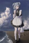  1girl absurdres apron beach black_footwear black_ribbon blue_hair blue_sky bow cloud commentary food frilled_apron frilled_socks frills grey_eyes hair_ribbon highres maid_apron open_mouth original outdoors popsicle ribbon sand sharp_teeth short_hair short_sleeves shou_(mori_boro) sky socks solo symbol-only_commentary teeth two_side_up water white_apron white_bow 