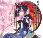 1girl animal_ears black_hair blue_kimono cherry_blossoms collared_shirt commentary different_reflection doll equinox_(racehorse) floral_print flower gassan_aya genderswap genderswap_(mtf) hair_flower hair_ornament happy_birthday highres holding holding_doll horse_ears horse_girl japanese_clothes kimono long_hair looking_at_viewer multicolored_hair off_shoulder original pink_eyes reflection shirt sleeveless sleeveless_shirt smile solo streaked_hair stuffed_horse symbol-only_commentary two-tone_hair umamusume white_hair white_shirt 