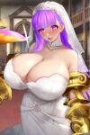  1girl bare_shoulders blush breasts bridal_veil bride claw_(weapon) claws cleavage collar detached_collar dress fate/extra fate/extra_ccc fate_(series) gigantic_breasts highres huge_breasts jewelry long_hair looking_at_viewer open_mouth passionlip_(fate) pink_eyes pink_ribbon purple_hair raskasar ribbon ring smile solo strapless strapless_dress veil very_long_hair weapon wedding_dress wedding_ring white_dress 
