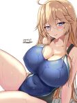  1girl black_one-piece_swimsuit blonde_hair blue_eyes blue_one-piece_swimsuit blush breasts competition_swimsuit covered_navel covered_nipples dated hair_between_eyes highleg highleg_swimsuit highres impossible_clothes impossible_swimsuit iowa_(kancolle) kantai_collection large_breasts long_hair looking_at_viewer montemasa multicolored_clothes multicolored_swimsuit one-piece_swimsuit simple_background sitting smile solo star-shaped_pupils star_(symbol) swimsuit symbol-shaped_pupils twitter_username two-tone_swimsuit wet wet_clothes wet_swimsuit white_background 