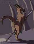 2023 anthro bottomwear brown_body brown_scales bryce_daeless butt cel_shading claws clothed clothing countershading cute_fangs digital_media_(artwork) digitigrade doesnotexist featureless_crotch green_eyes hi_res horn kobold loincloth looking_back male melee_weapon polearm pupils raised_leg raised_tail ridged_tail scales scalie shaded signature skimpy slit_pupils smile solo spear subscribestar tail tan_body tan_scales toe_claws tongue tongue_out topless watermark weapon wide_hips 