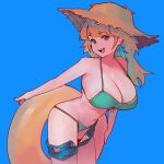  1girl :d aqua_bikini bikini blue_background blue_shorts breasts cleavage denim denim_shorts dismassd earrings feather_earrings feathers front-tie_bikini_top front-tie_top gradient_hair green_hair hat holding hololive hololive_english inflatable_toy jewelry large_breasts long_hair looking_at_viewer multicolored_hair navel open_fly open_mouth orange_hair pink_eyes short_shorts shorts simple_background smile solo straw_hat swimsuit takanashi_kiara takanashi_kiara_(2nd_costume) teeth tongue undressing virtual_youtuber 