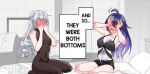  2girls ahoge and_so_they_were_both_bottoms_(meme) bed black_shorts blue_hair blush breasts bronya_rand cleavage colored_inner_hair covering_face drill_hair english_commentary english_text grey_hair honkai:_star_rail honkai_(series) kneeling long_hair medium_breasts meme multicolored_hair multiple_girls no_eyes on_bed open_mouth pillow seele_(honkai:_star_rail) shorts shoulder_blush sitting wprtms yuri 