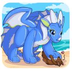  animate_inanimate blue_body blue_eyes brown_body dragon duo feral fin fur hi_res horn inflatable living_inflatable membrane_(anatomy) membranous_wings pool_toy symrea wings 