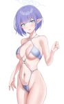  1girl absurdres ailae aoi_(blue_archive) bare_arms bare_shoulders bikini blue_archive blue_eyes blush breasts collarbone cowboy_shot groin hair_between_eyes halo highleg highleg_bikini highres large_breasts looking_at_viewer navel o-ring parted_lips pointy_ears purple_hair short_hair simple_background skindentation solo standing stomach string_bikini swimsuit white_background 