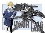  1boy absurdres armor assault_visor black_armor blonde_hair blue_eyes blue_jacket character_name collared_shirt commentary_request crossed_arms flag_custom glowing glowing_eye graham_aker grey_necktie gun gundam gundam_00 highres holding holding_gun holding_weapon jacket male_focus md5_mismatch mecha military military_uniform mobile_suit nanao_parakeet necktie pants resolution_mismatch robot scar scar_on_face science_fiction shirt source_larger uniform weapon white_pants white_shirt yellow_eyes 