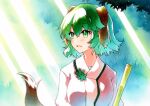  1girl :d animal_ears bangs commentary_request fang green_eyes green_hair highres kasodani_kyouko light_rays long_sleeves looking_to_the_side medium_hair open_mouth pink_shirt qqqrinkappp shirt skin_fang smile solo tail touhou traditional_media upper_body 