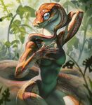  anthro breasts brown_body brown_scales clothed clothing female fivel front_view hand_behind_head hi_res long_tail non-mammal_breasts one-piece_swimsuit outside plant pupils python reptile scales scalie sitting slit_pupils snake solo swimwear tail thick_tail thick_thighs wide_hips 