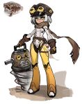  1girl 3: absurdres android belt breasts brown_belt brown_gloves brown_headwear brown_scarf cabbie_hat clenched_hand closed_mouth commentary_request dark-skinned_female dark_skin desert_rain_frog drill frog full_body gloves goggles goggles_on_headwear grey_hair hair_between_eyes hat highres holding horizontal_pupils joints korean_commentary medium_hair o-ring o-ring_thigh_strap original photo-referenced photo_inset planted pointy_ears quokkalee reference_inset robot_joints scarf simple_background sketch small_breasts solo standing thigh_strap white_background yellow_eyes 