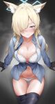  1girl animal_ear_fluff animal_ears black_background black_gloves blonde_hair blue_archive blue_eyes blue_shirt blush bra breasts cleavage clenched_teeth clothes_pull collarbone cowboy_shot dog_ears dress_shirt frown gloves gradient_background hair_over_one_eye highres kanna_(blue_archive) large_breasts lds_(dstwins97) long_hair long_sleeves looking_at_viewer navel no_pants one_eye_covered open_clothes open_shirt panties pantyhose pantyhose_pull partially_unbuttoned shirt simple_background solo sweat teeth thigh_gap thighs tsurime underwear v-shaped_eyebrows white_bra white_panties 