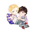  2boys aqua_belt ash_lynx banana_fish blonde_hair blush boots brown_eyes brown_hair chibi cigarette couple denim full_body green_eyes hand_on_own_face hand_on_own_hip holding holding_cigarette hood hoodie jeans looking_at_viewer male_focus multiple_boys okumura_eiji pants pillow purple_hoodie red_footwear shirt short_hair simple_background sitting smile vidave1 white_background white_shirt yaoi 