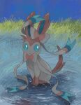  animal_focus blue_sky closed_mouth day full_body grass highres looking_at_viewer nishinori_(24no71) no_humans outdoors pokemon pokemon_(creature) sitting sky solo sylveon water 