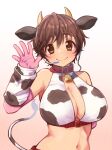  1girl animal_ears armpits bell bikini blush breasts brown_hair cleavage cow_ears cow_horns cow_tail elbow_gloves fake_animal_ears gloves gradient_background headset highres horns idolmaster idolmaster_cinderella_girls james_(jms-pnt) large_breasts leather_choker looking_at_viewer navel neck_bell oikawa_shizuku pink_gloves print_bikini short_hair simple_background smile solo swimsuit tail upper_body waving 