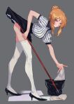 1girl accidental_exposure ass bent_over black_shirt black_skirt blonde_hair breasts broom bukimi_isan clothes_lift copyright_request from_side full_body grey_background hair_bun high_heels holding holding_broom large_breasts long_legs looking_at_viewer pink_eyes puffy_short_sleeves puffy_sleeves shirt short_sleeves simple_background single_hair_bun skirt skirt_lift solo striped striped_shirt thighhighs white_shirt white_thighhighs 